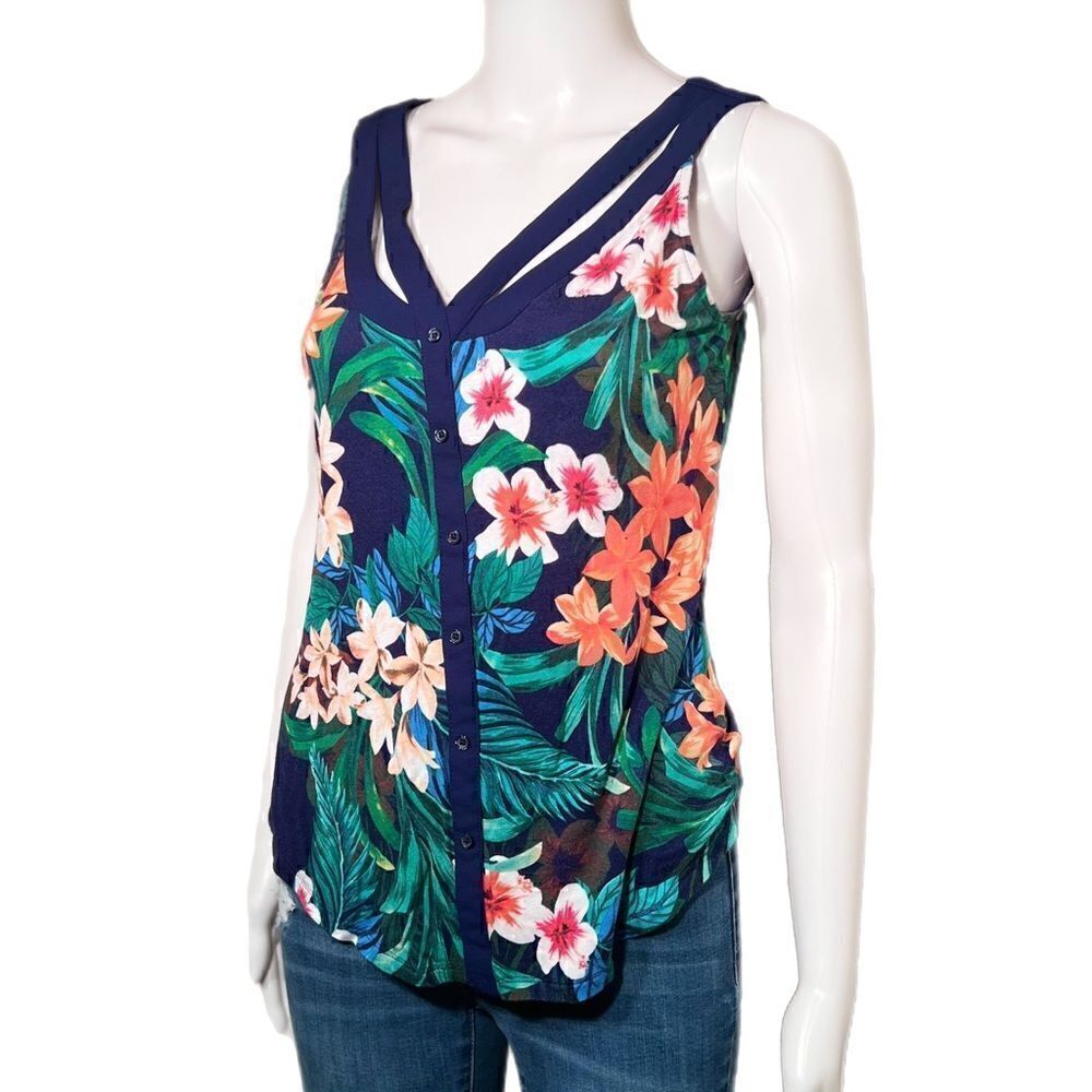 Tropical Navy Strappy Button Front Knit Tank